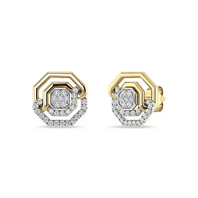 1/4 Ct.tw Round Cut Natural Diamond Hexagon Shape Push Back Stud Earrings in 925 Silver Yellow Plated