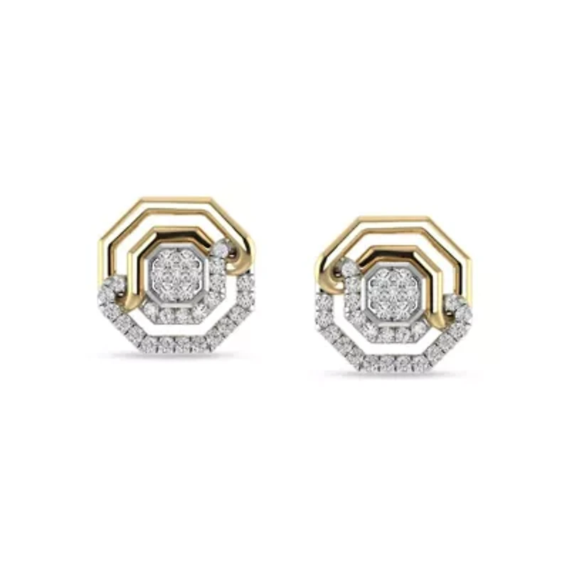 1/4 Ct.tw Round Cut Natural Diamond Hexagon Shape Push Back Stud Earrings in 925 Silver Yellow Plated