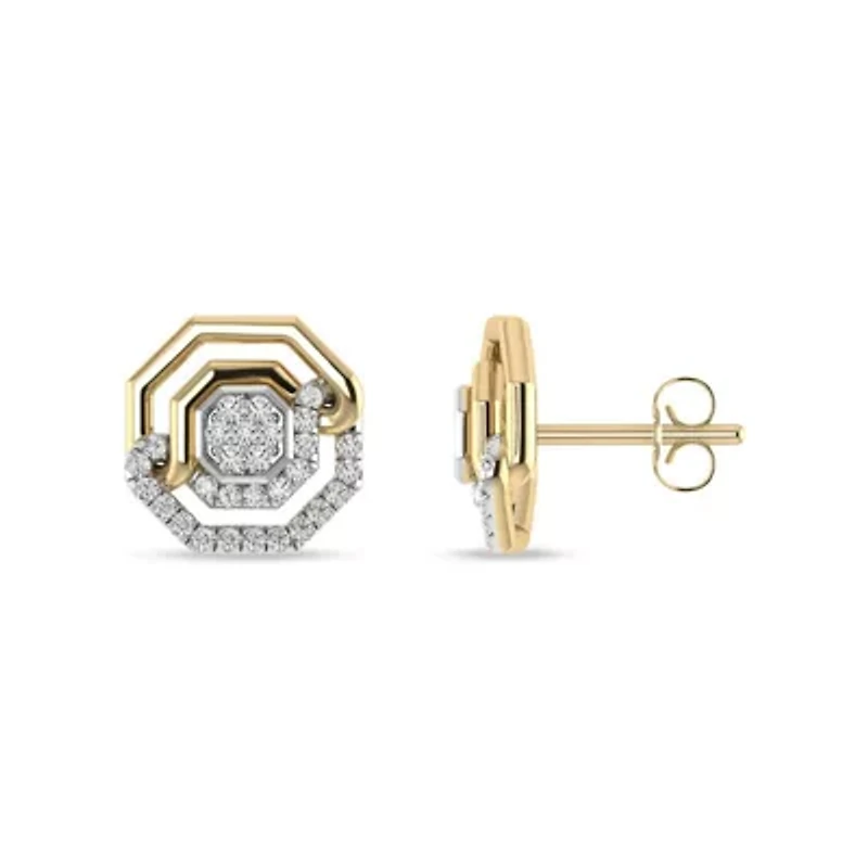 1/4 Ct.tw Round Cut Natural Diamond Hexagon Shape Push Back Stud Earrings in 925 Silver Yellow Plated