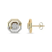 1/4 Ct.tw Round Cut Natural Diamond Hexagon Shape Push Back Stud Earrings in 925 Silver Yellow Plated