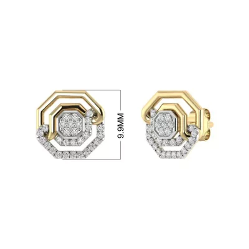 1/4 Ct.tw Round Cut Natural Diamond Hexagon Shape Push Back Stud Earrings in 925 Silver Yellow Plated
