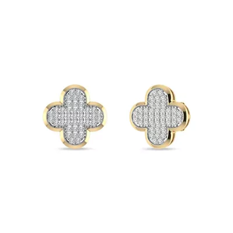 1/3 Ct.tw Round Cut Natural Diamond Clover Shape Push Back Stud Earrings in 925 Silver Yellow Plated
