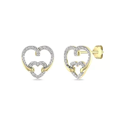 Double Heart Earrings 1/4 Cttw Natural Diamond Stud Earrings in 925 Silver Yellow Plated