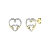 Double Heart Earrings 1/4 Cttw Natural Diamond Stud Earrings in 925 Silver Yellow Plated
