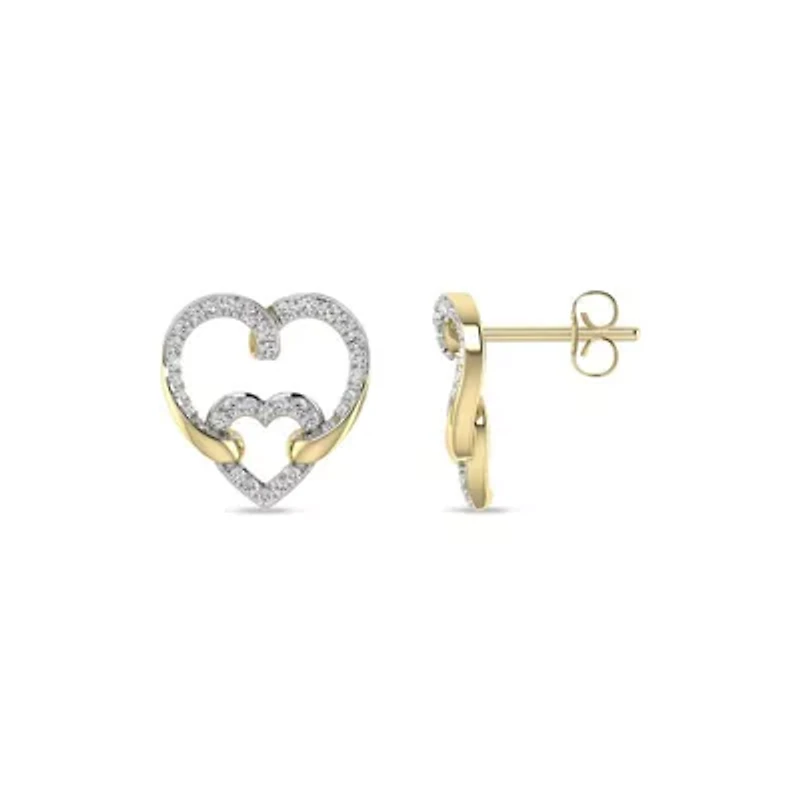 Double Heart Earrings 1/4 Cttw Natural Diamond Stud Earrings in 925 Silver Yellow Plated