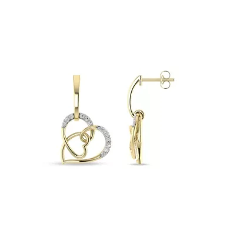 1/4 Cttw Natural Diamond Double Heart Dangle Stud Earrings in 10K Yellow Gold