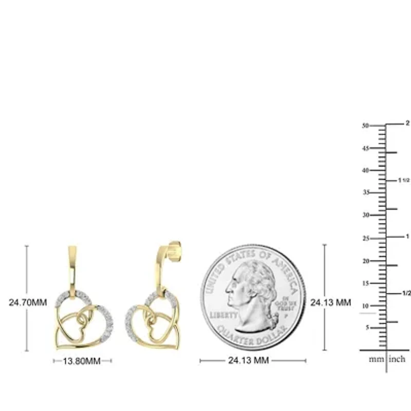 1/4 Cttw Natural Diamond Double Heart Dangle Stud Earrings in 10K Yellow Gold
