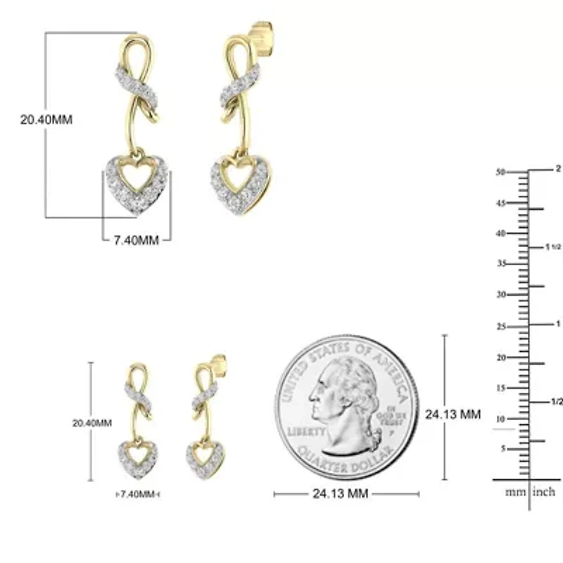 1/4 Cttw Natural Diamond Heart Shape Dangle Earrings with push back Studs in 10K Yellow Gold