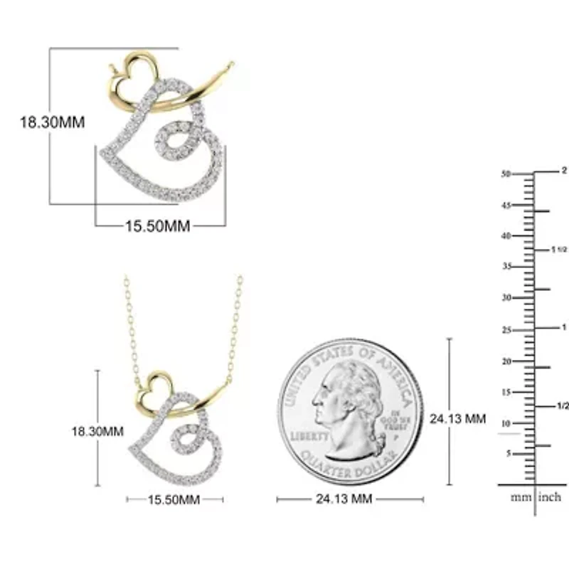 Double Heart Pendant Necklace 1/3 Cttw Natural Diamond Charm 18" Cable Chain in 10K Yellow Gold
