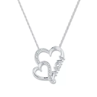 0.070 Ct.tw Natural Diamond MOM Letter Double Heart Shape pendant in 925 Sterling Silver