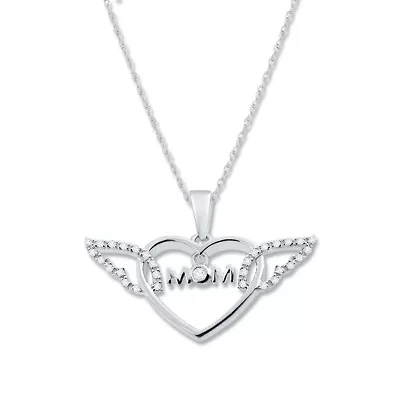 1/10 Ct.tw Natural Diamond Heart Wing With MOM Letter Pendant in 925 Sterling Silver