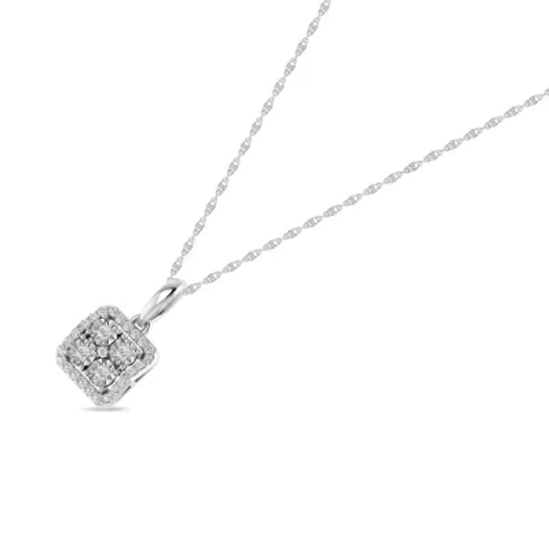 0.08 Ct.tw Round Cut Natural Diamond Square Shape Pendant with 18" inch Chain Necklace in 925 Sterling Silver