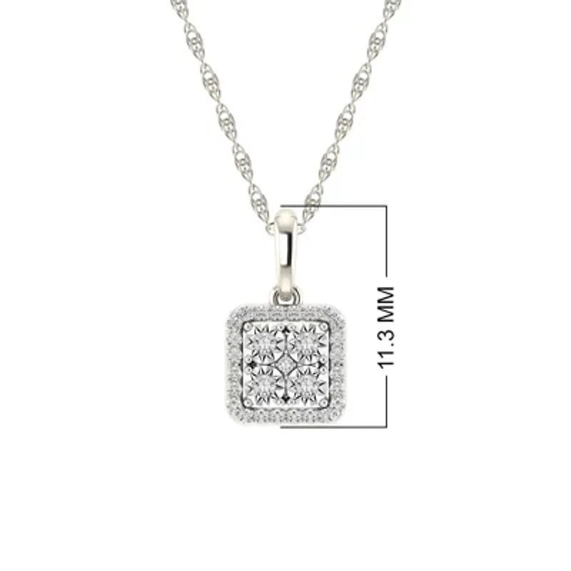 0.08 Ct.tw Round Cut Natural Diamond Square Shape Pendant with 18" inch Chain Necklace in 925 Sterling Silver