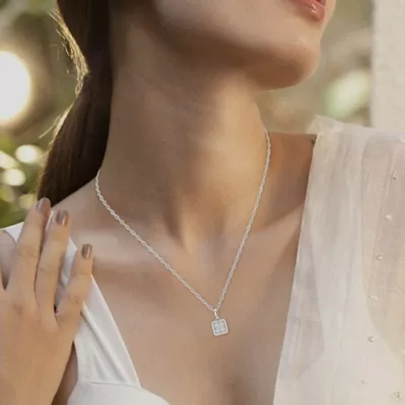 0.08 Ct.tw Round Cut Natural Diamond Square Shape Pendant with 18" inch Chain Necklace in 925 Sterling Silver