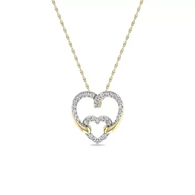 1/5 Cttw Natural Diamond Double Heart Pendant 18" Rope Chain in 925 Silver Yellow Plated