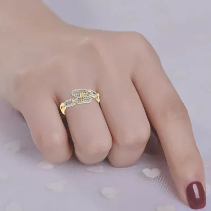 Marine Link Chain Style Ring 1/5 Cttw Natural Diamond Dainty Band 925 Silver Yellow Plated Size -7