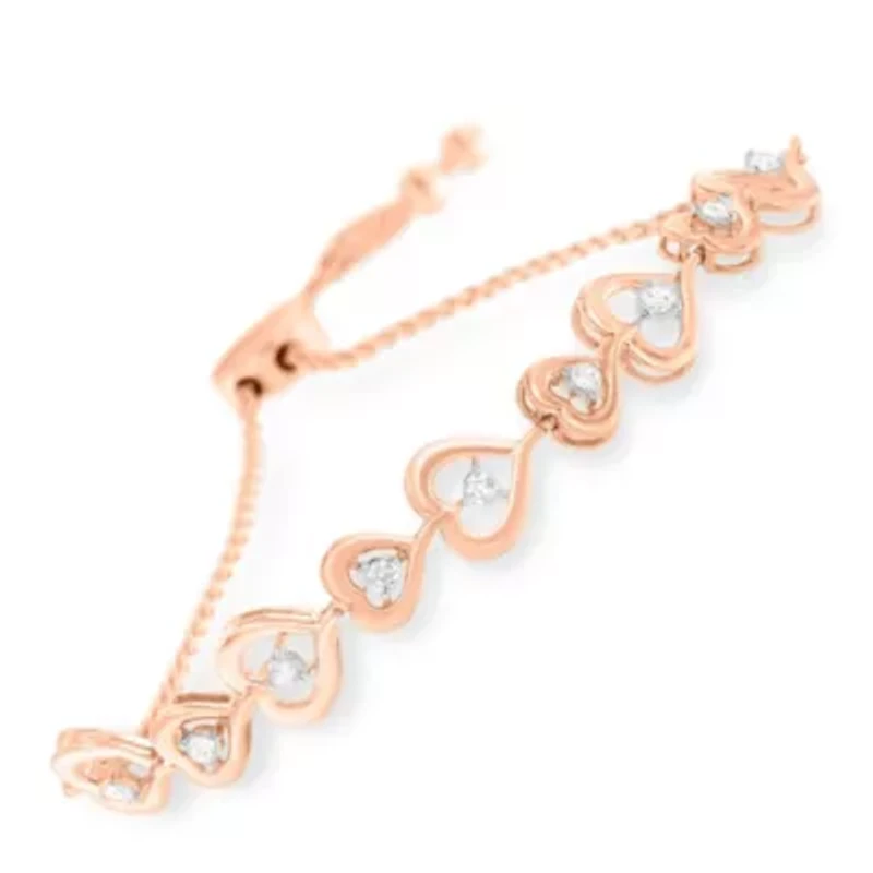 Rose Plated Sterling Silver Diamond Heart-Linked Bolo Bracelet