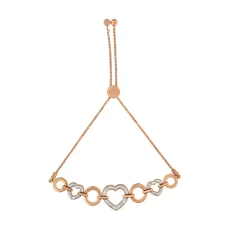 14K Rose Gold Plated Silver Diamond Accent Circle and Heart Link Bolo Bracelet