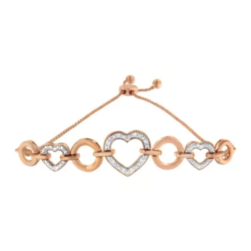 14K Rose Gold Plated Silver Diamond Accent Circle and Heart Link Bolo Bracelet