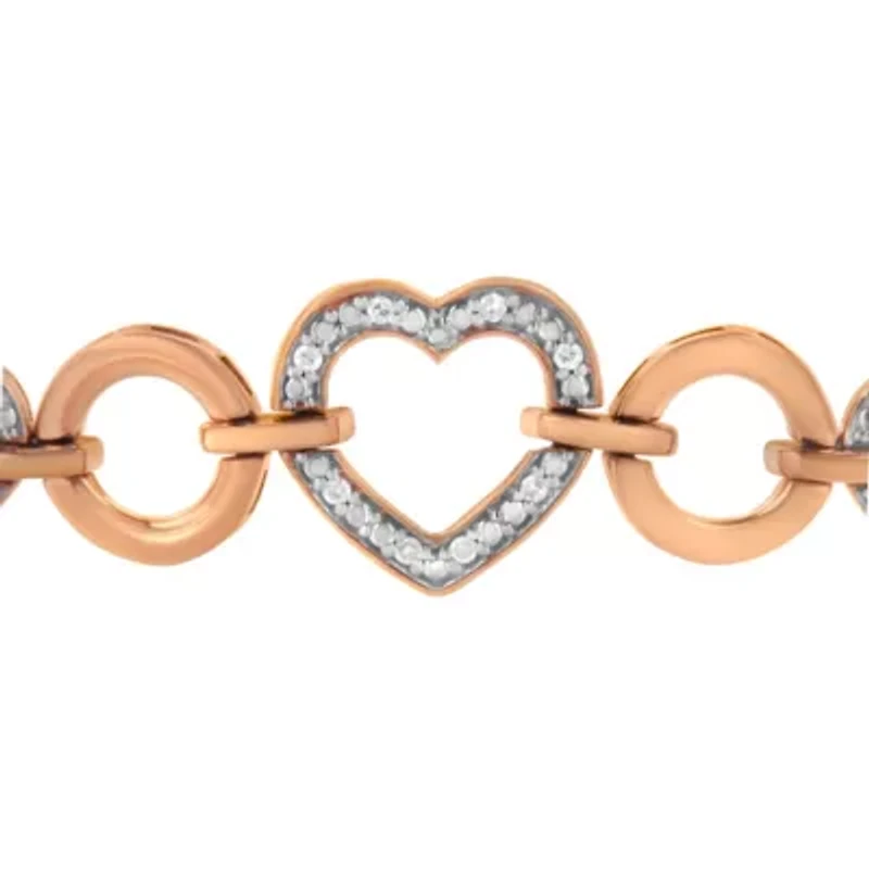 14K Rose Gold Plated Silver Diamond Accent Circle and Heart Link Bolo Bracelet