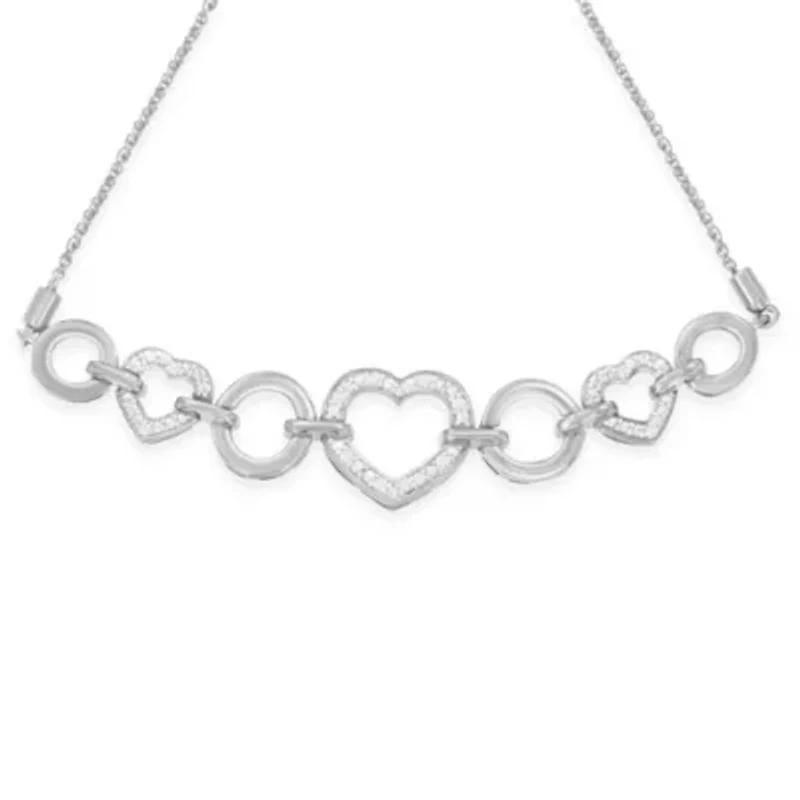 Silver 1/10 Cttw Round-Cut Diamond Heart-Link  Bolo Bracelet - 6"-9"