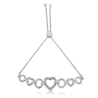 Silver 1/10 Cttw Round-Cut Diamond Heart-Link  Bolo Bracelet - 6"-9"
