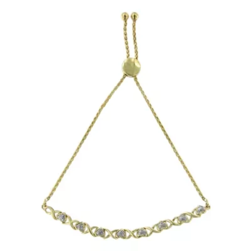 10K Yellow Gold over Silver 1/10 Cttw Diamond Heart and X-Link 6”-9” Bolo Bracelet