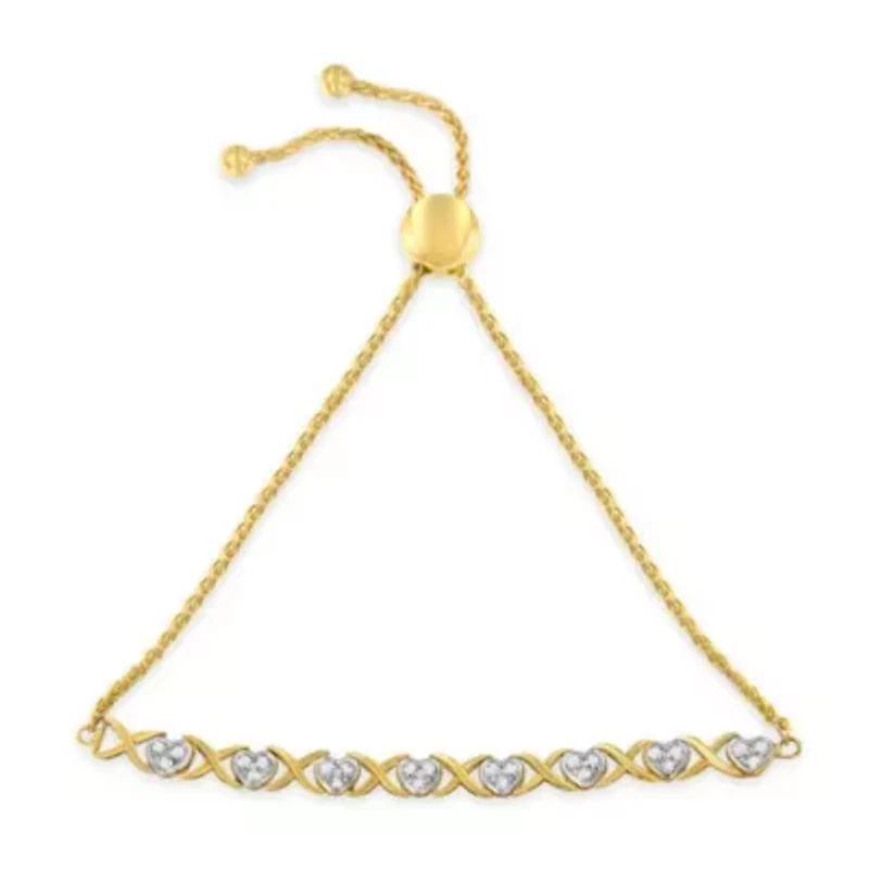 10K Yellow Gold over Silver 1/10 Cttw Diamond Heart and X-Link 6”-9” Bolo Bracelet