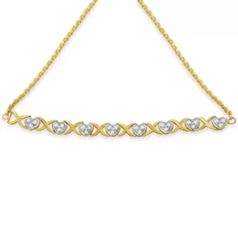10K Yellow Gold over Silver 1/10 Cttw Diamond Heart and X-Link 6”-9” Bolo Bracelet
