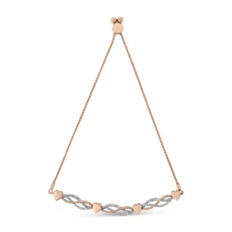 14K Rose Gold Plated Silver Diamond Accent Link and Heart Adjustable Bolo Bracelet