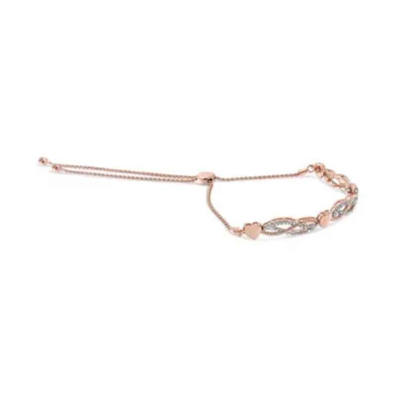 14K Rose Gold Plated Silver Diamond Accent Link and Heart Adjustable Bolo Bracelet