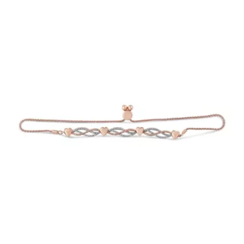 14K Rose Gold Plated Silver Diamond Accent Link and Heart Adjustable Bolo Bracelet