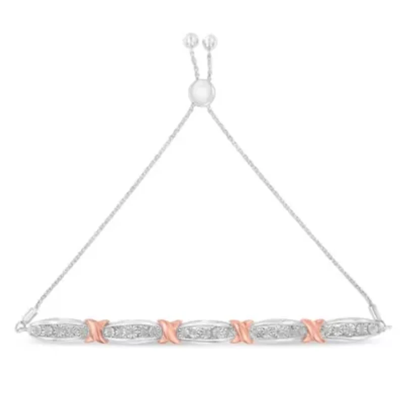 Silver 1/4 Cttw Round-Cut Diamond X & Tapered Bar Miracle-Set Bolo Bracelet