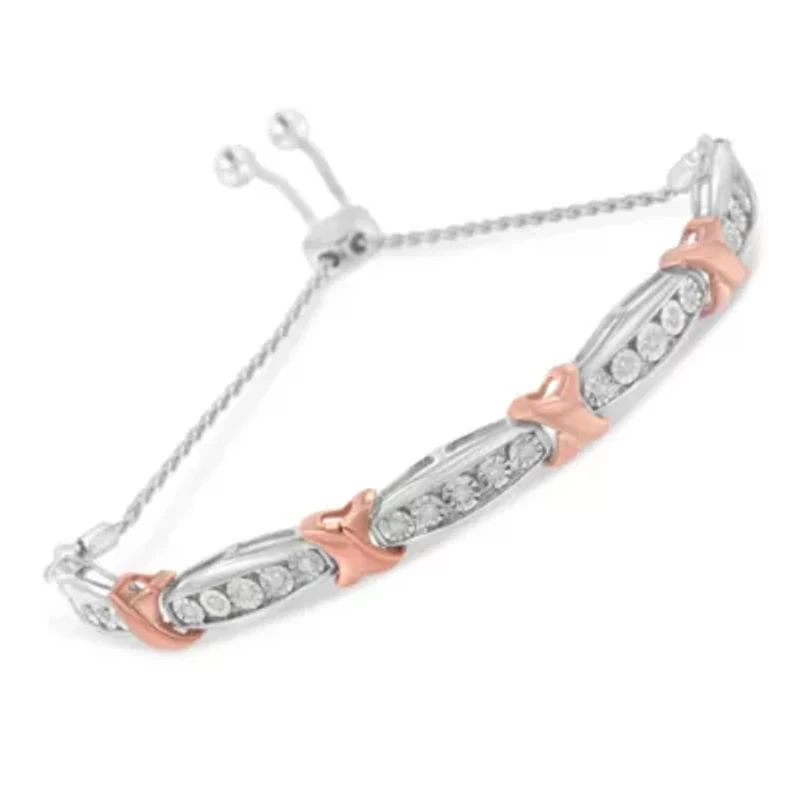 Silver 1/4 Cttw Round-Cut Diamond X & Tapered Bar Miracle-Set Bolo Bracelet