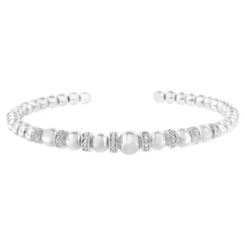 Silver 1/ Cttw Diamond Rondelle Graduated Ball Bead Cuff Bangle Bracelet