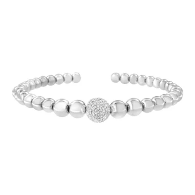 Silver 1/6 Cttw Diamond Rondelle Graduated Ball Bead Cuff Bangle Bracelet