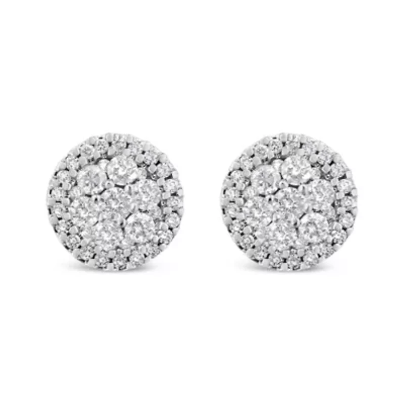14K White Gold 1.0 Cttw Diamond Cluster Button Stud Earrings