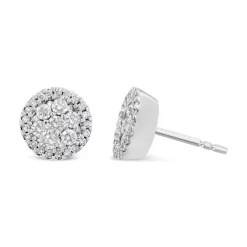 14K White Gold 1.0 Cttw Diamond Cluster Button Stud Earrings
