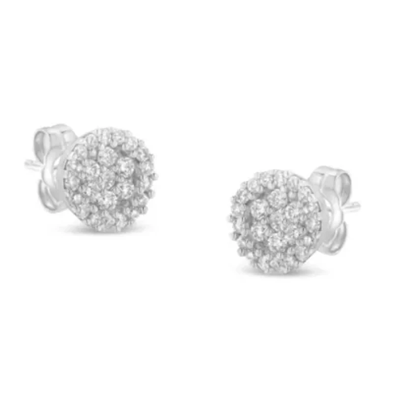 14K White Gold 1/2 Ct BrilliantDiamond Halo-Style Cluster Button Stud Earrings