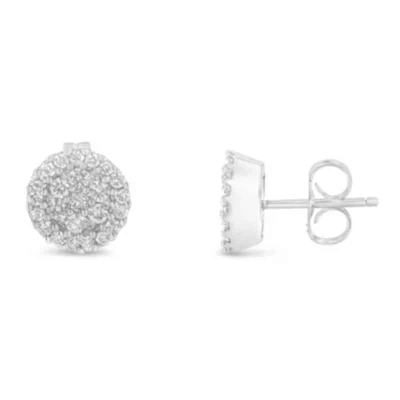 14K White Gold 1/2 Ct BrilliantDiamond Halo-Style Cluster Button Stud Earrings