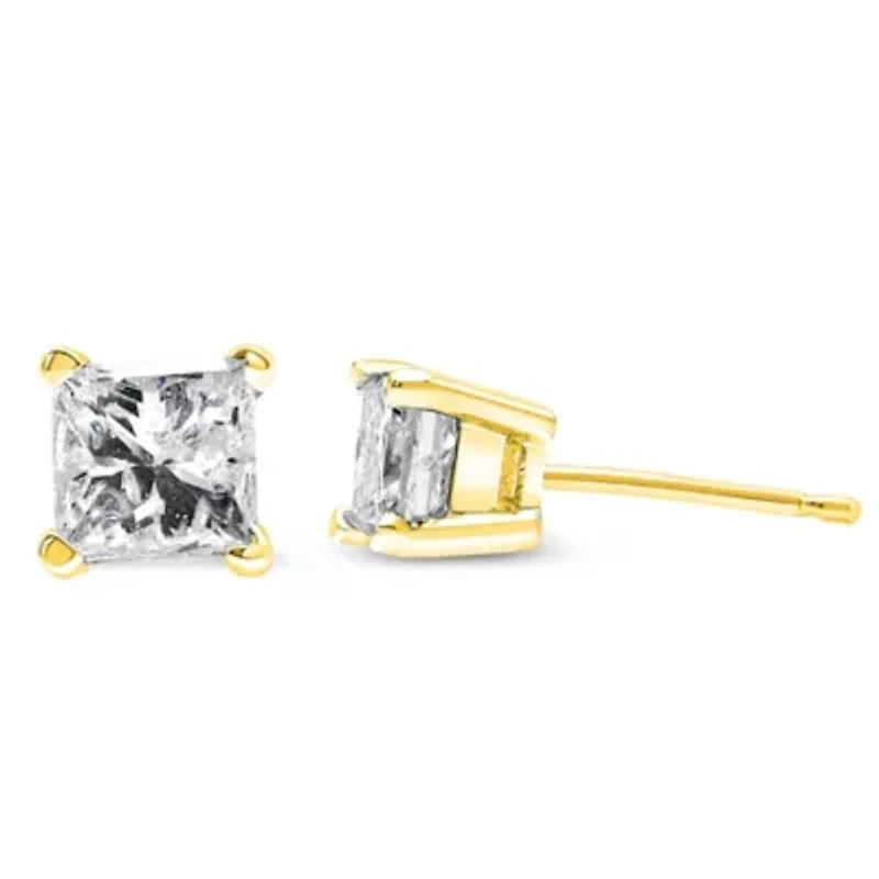 14K Yellow Gold 1/5 Ct Princess Petite Classic Square Stud Earrings