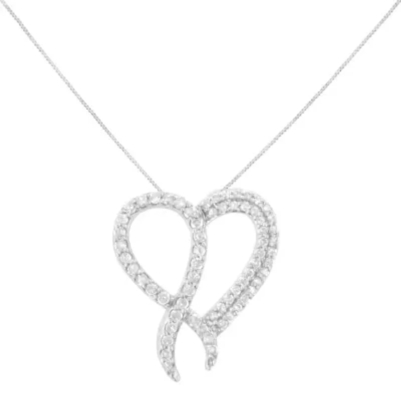 .925 Sterling Silver 1 cttw Diamond Heart and Ribbon 18" Pendant Necklace - 18"