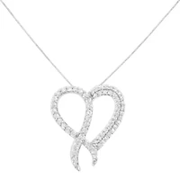 .925 Sterling Silver 1 cttw Diamond Heart and Ribbon 18" Pendant Necklace - 18"