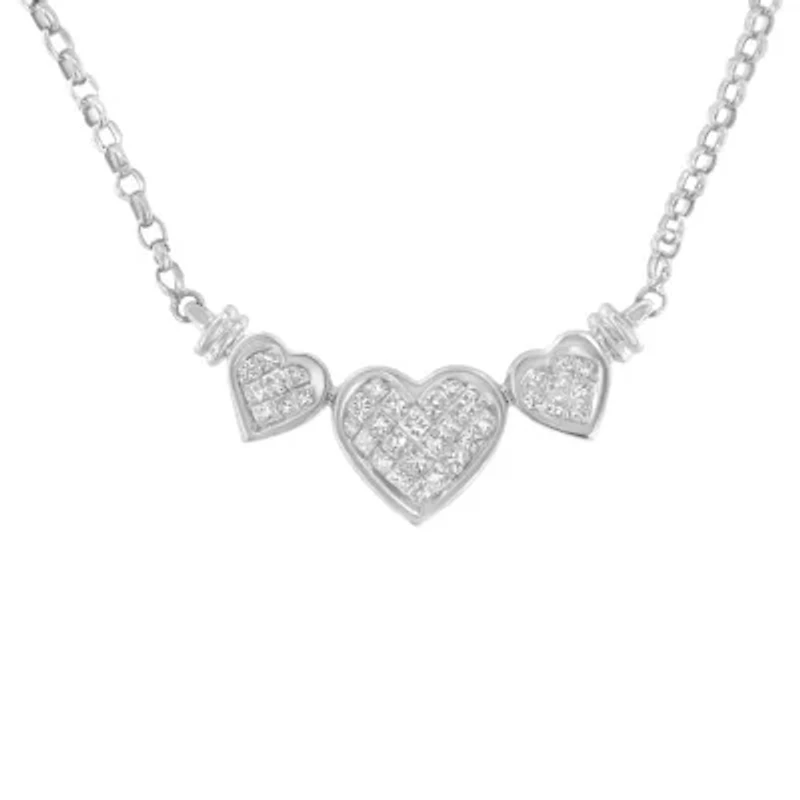 14K White Gold 1.0 Cttw Diamond Three Heart 18" Statement Pendant Necklace