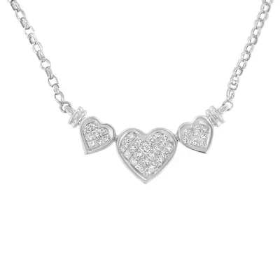 14K White Gold 1.0 Cttw Diamond Three Heart 18" Statement Pendant Necklace