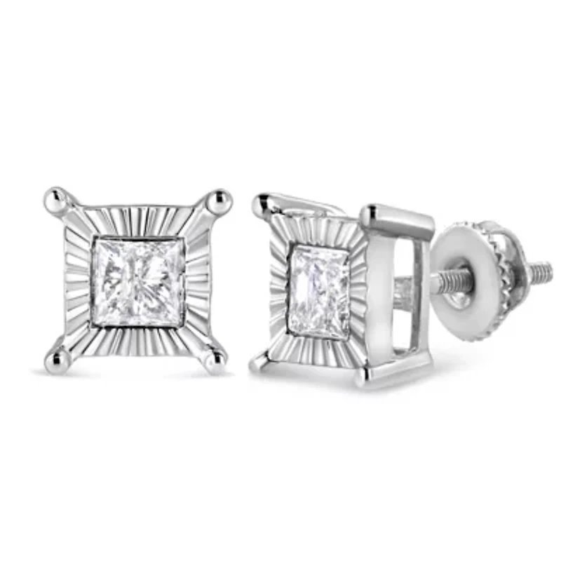 Silver Ct Miracle Princess Solitaire Stud Earrings