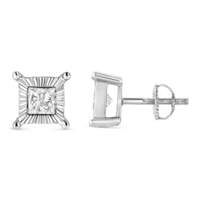 Silver Ct Miracle Princess Solitaire Stud Earrings
