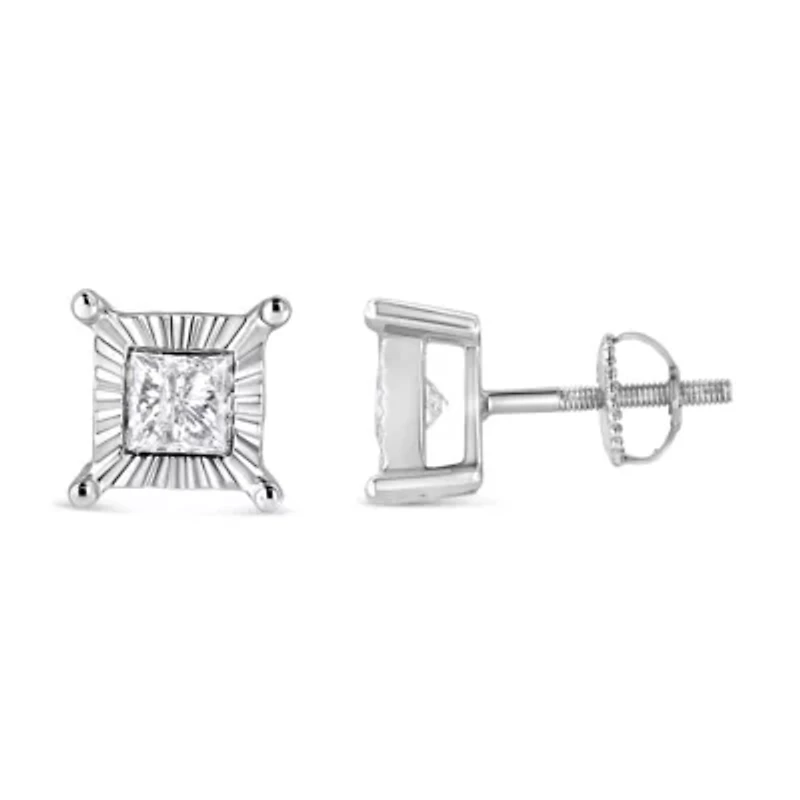 Silver Ct Miracle Princess Solitaire Stud Earrings