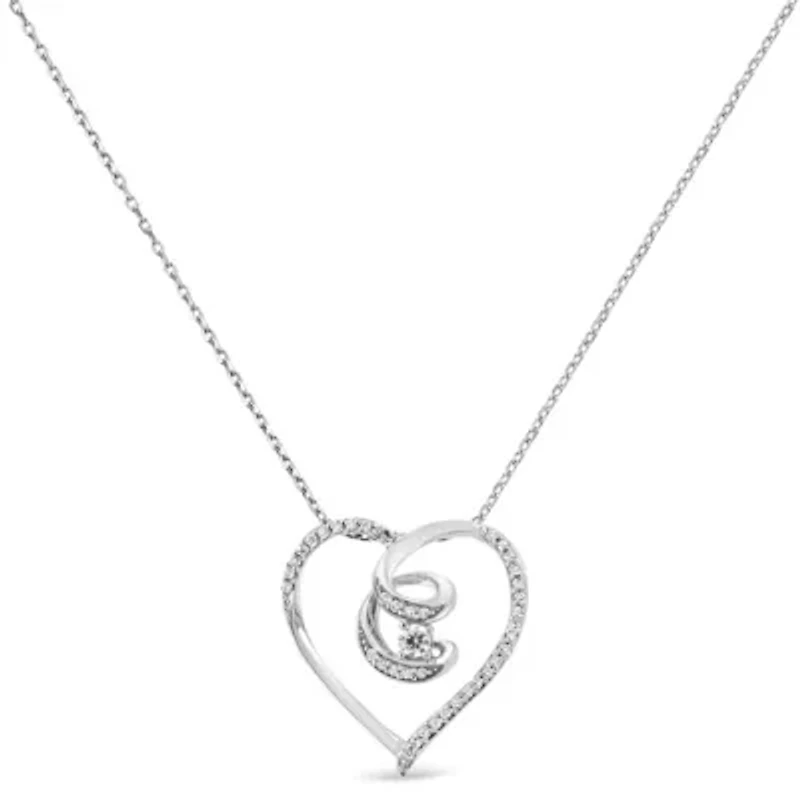 Silver 1/4 Cttw Diamond Open Heart Twisted Awareness Ribbon 18" Pendant Necklace