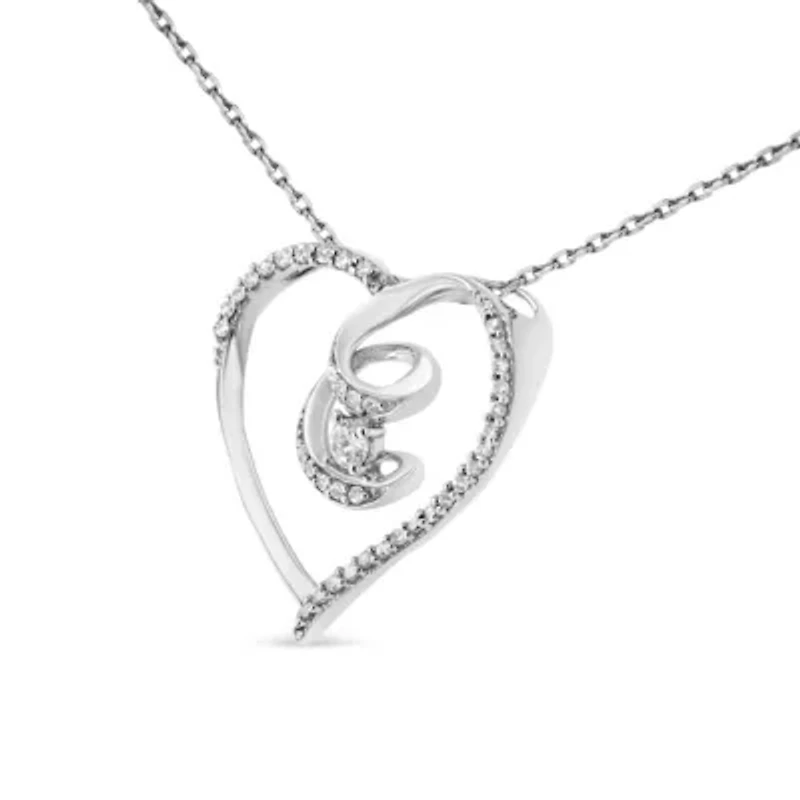Silver 1/4 Cttw Diamond Open Heart Twisted Awareness Ribbon 18" Pendant Necklace
